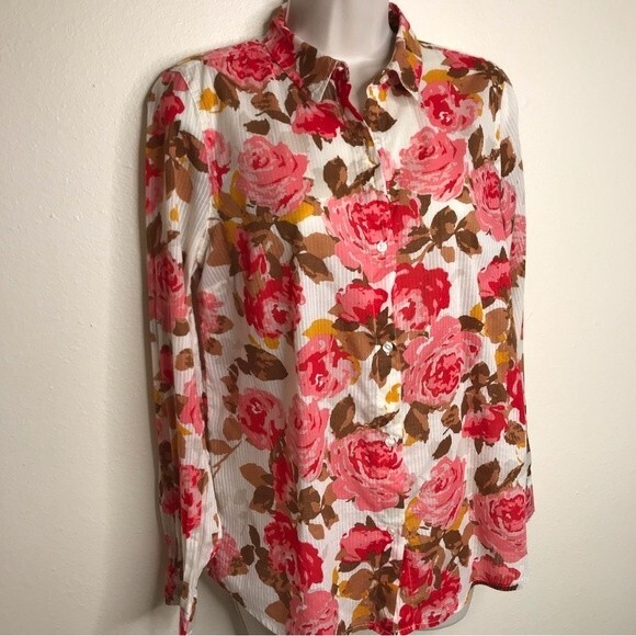 Old Navy Cream Stripe Floral Long Sleeve Button Up Blouse Womens Size Medium - Picture 2 of 12